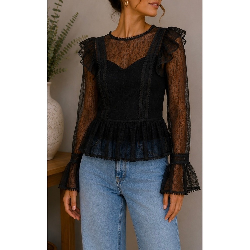 Black Sheer Lace Peplum Top Ruffle Shoulder Bell Sleeve Keyhole Back Size-S